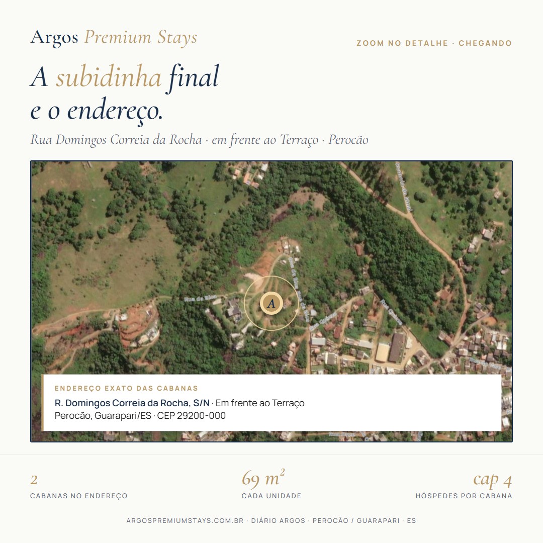 Zoomed satellite map showing the exact location of the Argos cabanas on Rua Domingos Correia da Rocha, in Perocão